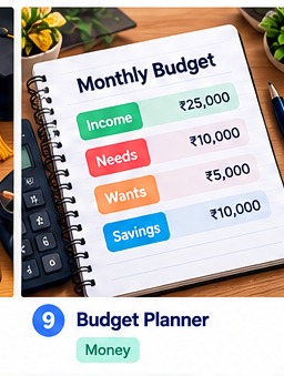Budget notebook, calculator and coins
